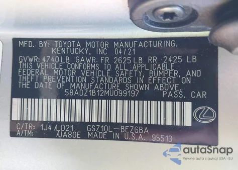 2021 Lexus Es 350 z USA, uszkodzony, nr VIN 58ADZ1B12MU099197